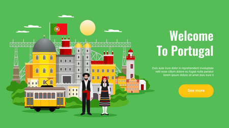 Welcome to Portugal horizontal banner with transport and cuisine symbols flat vector illustrationのイラスト素材