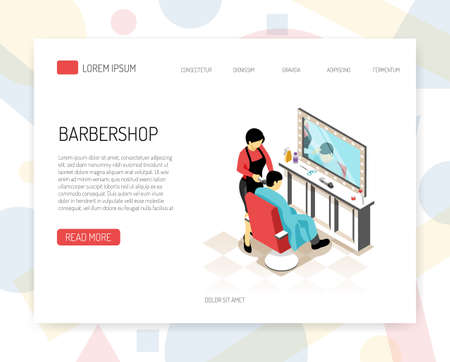 Barber stylist during work isometric concept of web banner with interface elements on white background vector illustrationのイラスト素材