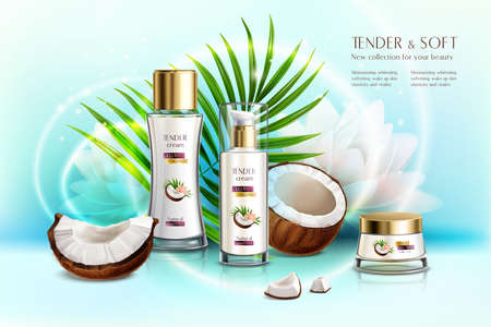 Coconut organic cosmetics beauty products promotion realistic composition with body cream and anti age lotion vector illustrationのイラスト素材