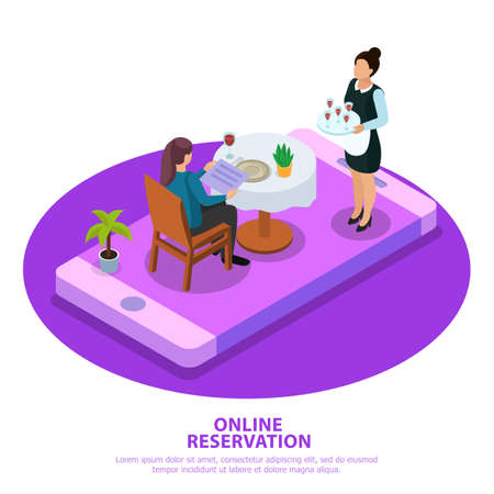 Online reservation isometric composition waiter during customer service at mobile device screen white purple background vector illustrationのイラスト素材