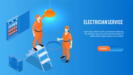 Electrician service online isometric website home page banner with home electric appliances installation repair maintenance vector illustrationのイラスト素材