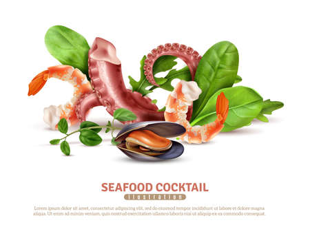 Appetizing seafood cocktail ingredients closeup realistic composition poster with shrimps octopus tentacles mussel basil leaves vector illustrationのイラスト素材
