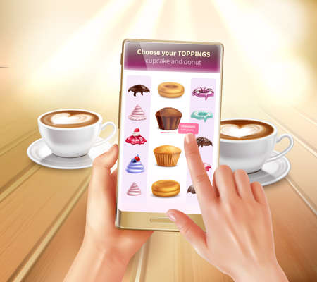 Smartphone virtual and augmented reality cooking application recognizing products suggesting recipes choosing toppings realistic composition vector illustrationのイラスト素材