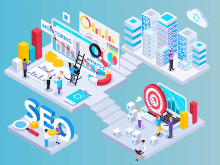 SEO project isometric composition with key words symbols vector illustrationのイラスト素材