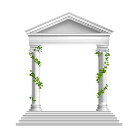 Realistic columns decorated green leaves with roof and base with stairs composition on white background vector illustrationのイラスト素材
