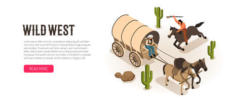 Cowboy in wagon and american indian on horseback with rifle isometric horizontal banner white background vector illustrationのイラスト素材