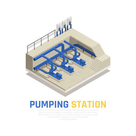 Pumping station concept with water cleaning symbols isometric vector illustrationのイラスト素材