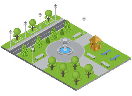 City park with trees fountain and sports ground isometric vector illustrationのイラスト素材