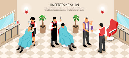 Barber shop with interior elements hair dressers and customers of male salon isometric horizontal vector illustrationのイラスト素材