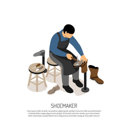 Shoe maker with professional tools at work shop isometric vector illustrationのイラスト素材