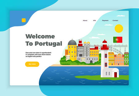 Explore Portugal page desidn with payment and contact symbols flat vector illustrationのイラスト素材