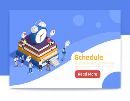 Schedule isometric landing page with big alarm clock icon and people planning routine work vector illustrationのイラスト素材