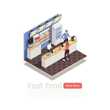 Fast food restaurant isometric composition with service staff in uniform at cash register and woman ordering eating vector illustrationのイラスト素材