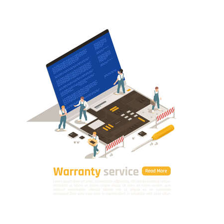 Warranty service isometric design concept with small figurines of technicians making repair of big laptop vector illustrationのイラスト素材