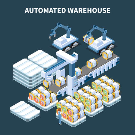 Smart industry intelligent manufacturing isometric composition with images of automated arm manipulators conveyor and storage cans vector illustrationのイラスト素材