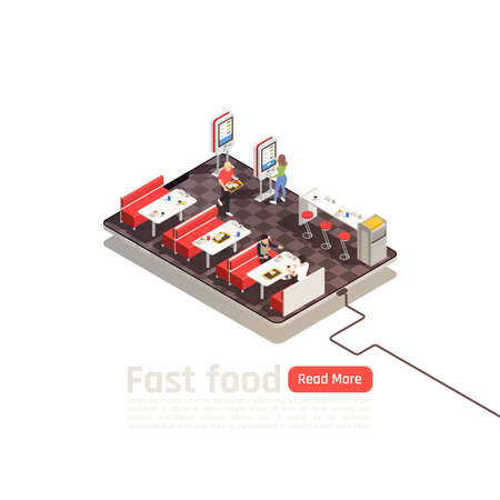 Fast food isometric poster with customers in self service cafe interior coming for eating vector illustrationのイラスト素材