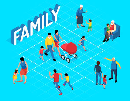 Family isometric flowchart with adults playing with their kids and walking parents carrying troller with newborn vector illustrationのイラスト素材