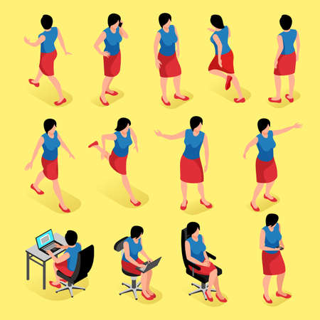 Women poses isometric set of female characters in different position of figure sitting staying going vector illustrationのイラスト素材