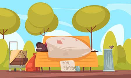 Poor homeless man sleeps outdoor on bench with beggars cup asking money for food flat banner vector illustrationのイラスト素材