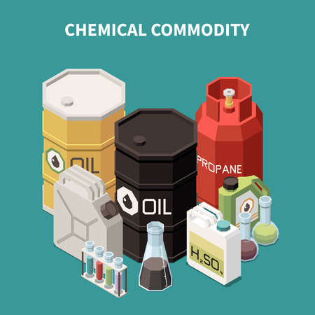 Commodity isometric composition with colourful images of oil and gas tanks canisters vials and glass tubes vector illustrationのイラスト素材