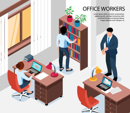 Office workers isometric vector illustration with employees sitting at their work places and boss showing at end of working dayのイラスト素材
