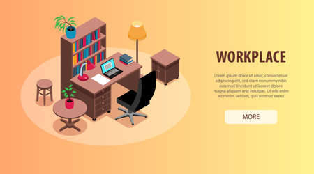 Home office study workplaces interior organization ideas isometric horizontal web banner with desk bookcase lighting vector illustrationのイラスト素材