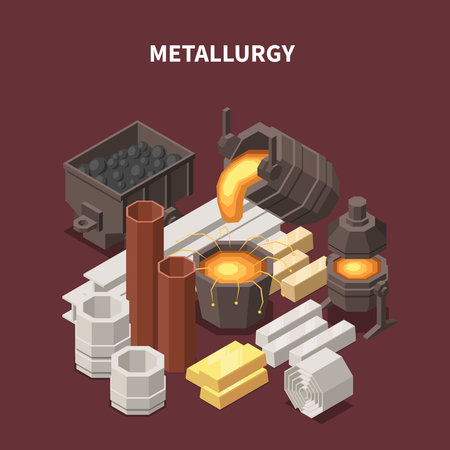 Commodity isometric composition with images of fire pots tubes waggons and various metallurgical production industrial goods vector illustrationのイラスト素材