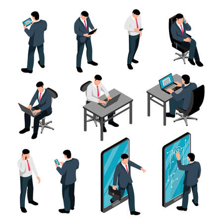 Men with device isometric set of male characters holding smartphones texting talking and working using laptop isolated vector illustrationのイラスト素材