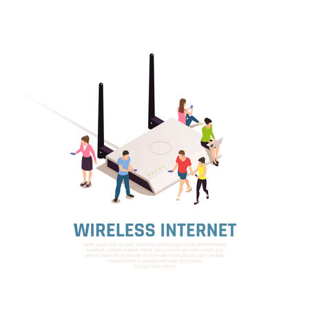 Wireless internet isometric composition with little people around big router connecting by smartphones vector illustrationのイラスト素材