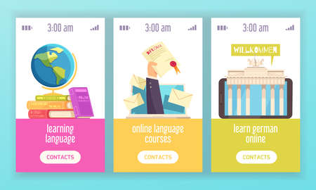 Language training center 3 vertical colorful banners advertising certified online courses with dictionaries diploma flat vector illustrationのイラスト素材