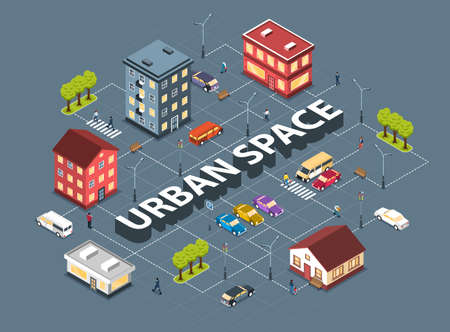City urban space infrastructure housing planning isometric flowchart with residential district parking lot safe crossing vector illustrationのイラスト素材