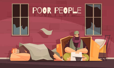 Poor people living in cardboard box outdoor begging for money flat banner with homeless men vector illustrationのイラスト素材