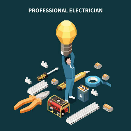 Electricity isometric composition with conceptual images of electric equipment professional tools and male character holding lamp vector illustrationのイラスト素材
