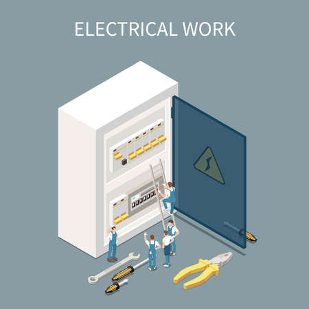 Electricity isometric composition with conceptual images of electrical distribution box switchboard and small characters of workers vector illustrationのイラスト素材