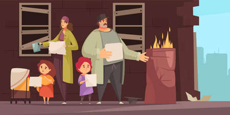 Poor man family with 2 little kids begging foor food money on street flat horizontal vector illustrationのイラスト素材