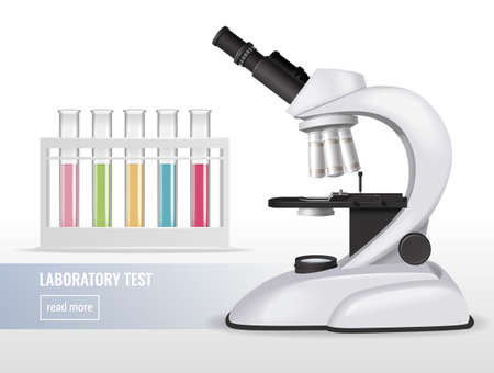 Realistic microscope composition with laboratory test tubes colourful liquids and editable text with read more button vector illustrationのイラスト素材