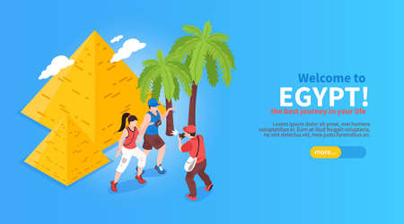 Welcome to egypt online journey planning booking isometric website horizontal banner with pyramids palms travelers vector illustrationのイラスト素材