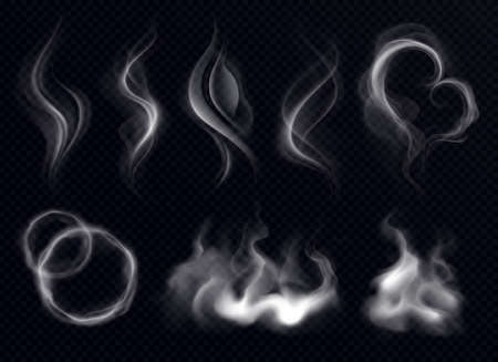 Steam smoke with ring and swirl shape realistic set white on dark transparent background isolated vector illustrationのイラスト素材