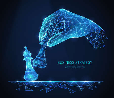 Polygonal wireframe business strategy composition with glittering images of human hand with chess pieces with text vector illustrationのイラスト素材