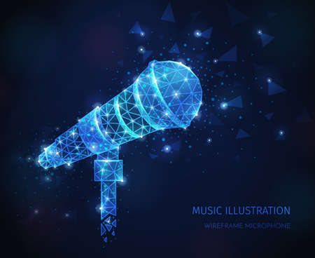 Music media polygonal wireframe composition with text and glittering image of professional vocal microphone on stand vector illustrationのイラスト素材