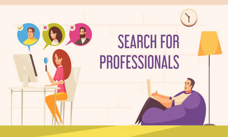 Freelancers remote convenient work from home flat comic composition with recruitment agent finding professionals online vector illustrationのイラスト素材