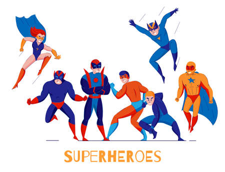 Comic books video computer games superheroes flat composition poster with super man and wonder woman vector illustrationのイラスト素材
