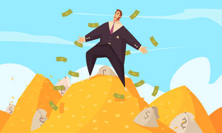 Rich man flat cartoon poster with fat businessman amidst flying dollars on gold mount top vector illustrationのイラスト素材