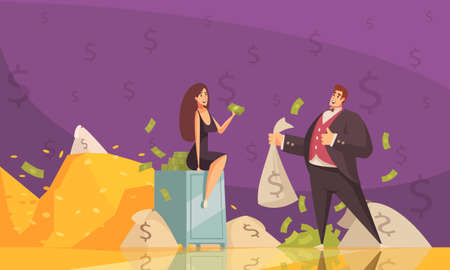 Rich man using wealth to get woman attention with banknotes heaps flat cartoon background poster vector illustrationのイラスト素材
