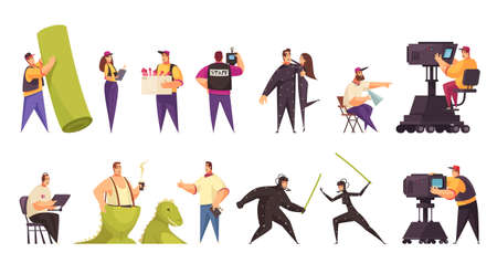 Movie cinema production film crew camera operator actors equipment costumes props 2  comic horizontal sets vector illustrationのイラスト素材