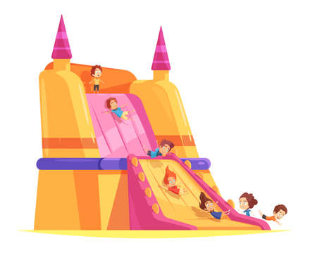 Jumping trampolines composition with images of huge flow spreading hump and cartoon human characters of kids vector illustrationのイラスト素材