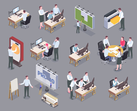 Advertising agency staff at their workplaces isometric icons set isolated on gray background 3d vector illustrationのイラスト素材