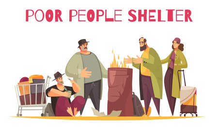 Poor homeless shelter outdoor flat comic composition with people burning fire surviving cold on street vector illustrationのイラスト素材