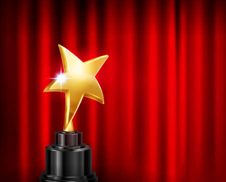Trophy award red curtain background realistic composition with image of golden star shaped cup on pedestal vector illustrationのイラスト素材