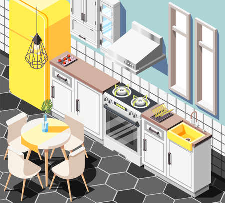 Loft interior isometric background with indoor view of modern kitchen with furniture cabinetry fridge and table vector illustrationのイラスト素材